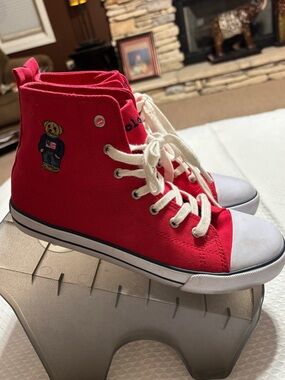 Polo by Ralph Lauren Red High-Top Kids Canvas Sneakers with Bear Patch
